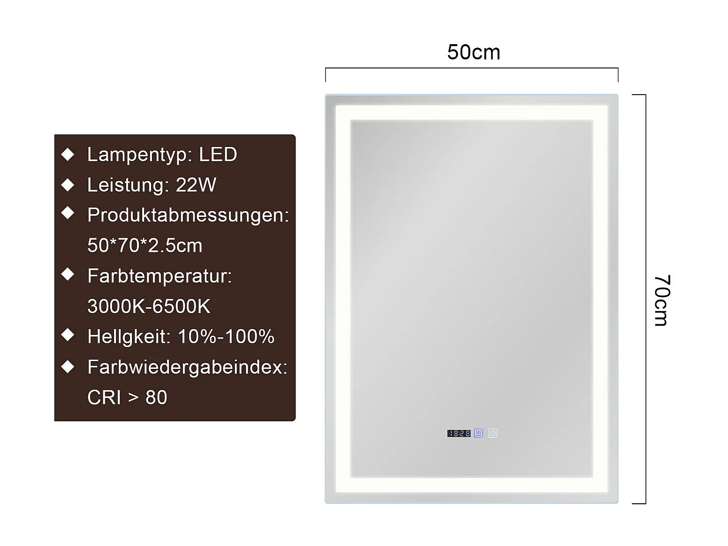 NETTLIFE Miroir lumineux salle de bain - 50x70 cm LED, mural, IP44, interrupteur tactile, horloge, antibuée, réglable