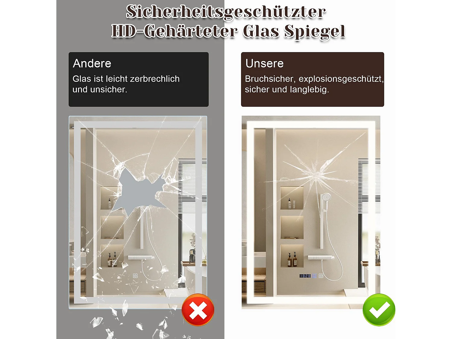 NETTLIFE Miroir lumineux salle de bain - 50x70 cm LED, mural, IP44, interrupteur tactile, horloge, antibuée, réglable