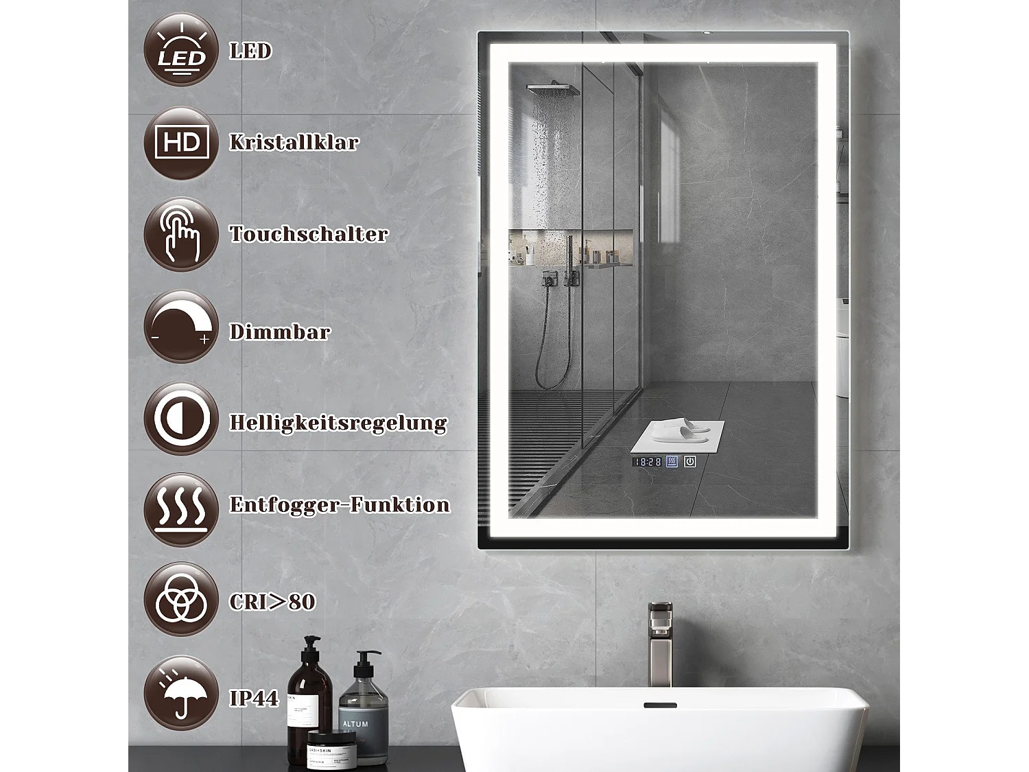 NETTLIFE Miroir lumineux salle de bain - 50x70 cm LED, mural, IP44, interrupteur tactile, horloge, antibuée, réglable