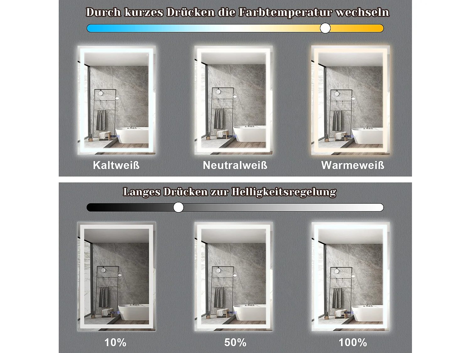 NETTLIFE Miroir lumineux salle de bain - 50x70 cm LED, mural, IP44, interrupteur tactile, horloge, antibuée, réglable