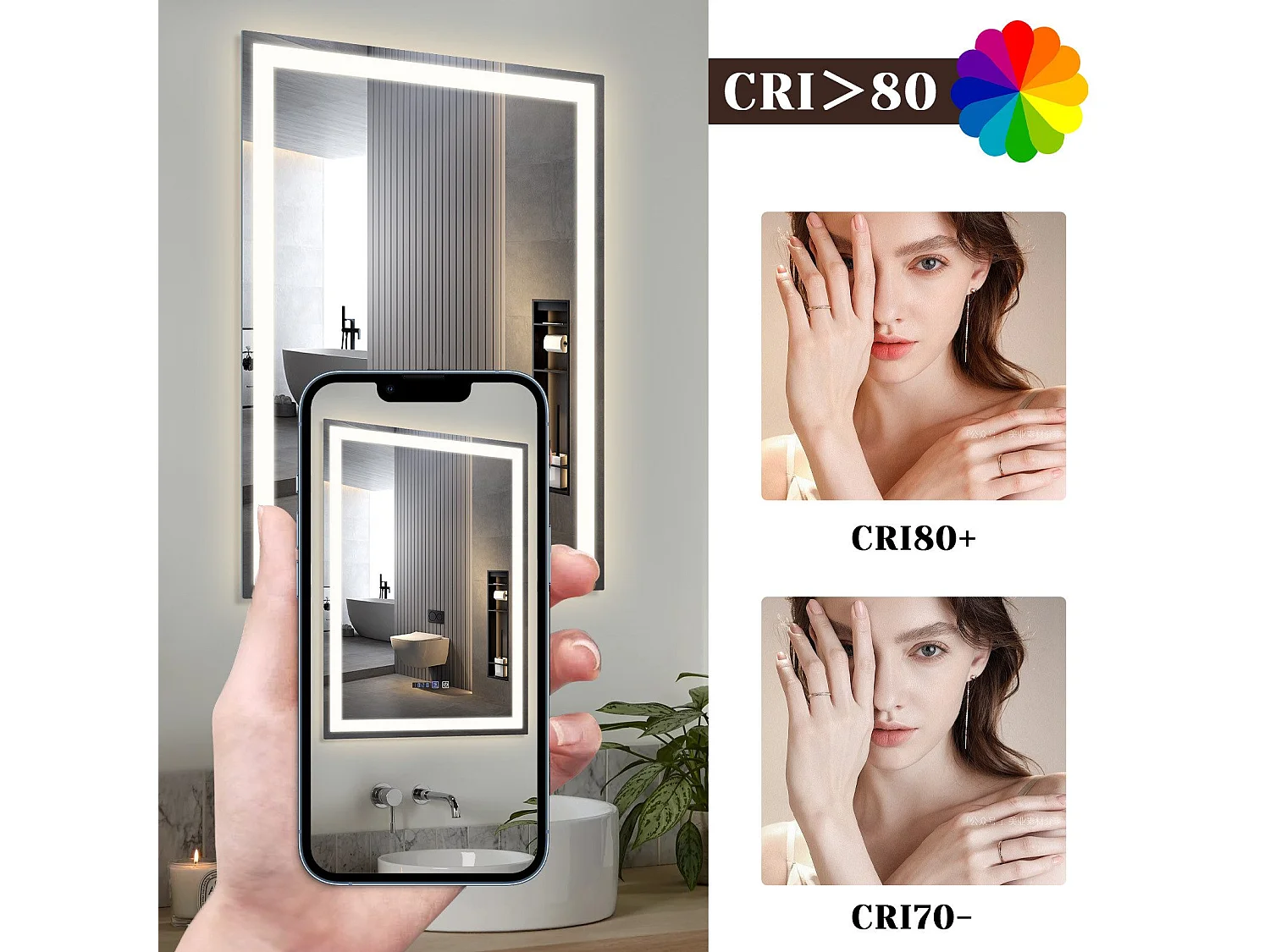 NETTLIFE Miroir lumineux salle de bain - 50x70 cm LED, mural, IP44, interrupteur tactile, horloge, antibuée, réglable