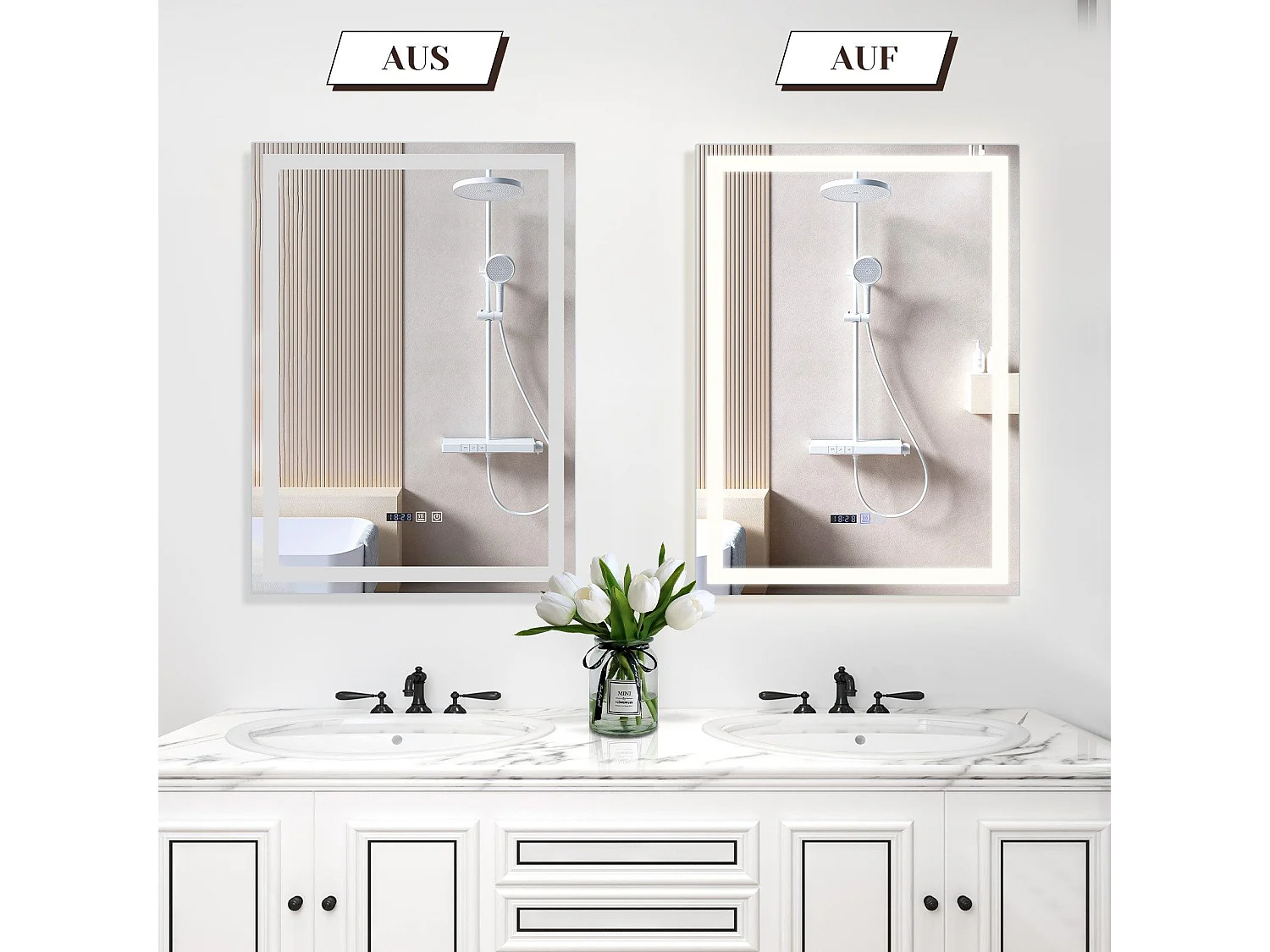 NETTLIFE Miroir lumineux salle de bain - 50x70 cm LED, mural, IP44, interrupteur tactile, horloge, antibuée, réglable