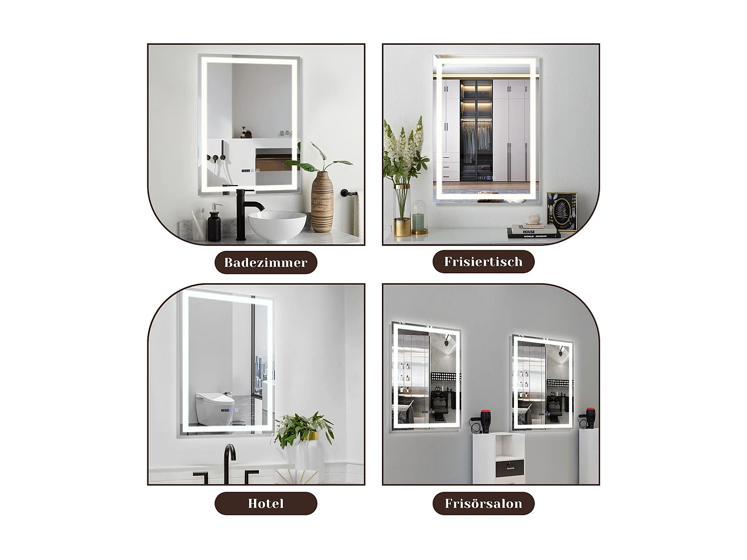 NETTLIFE Miroir lumineux salle de bain - 50x70 cm LED, mural, IP44, interrupteur tactile, horloge, antibuée, réglable