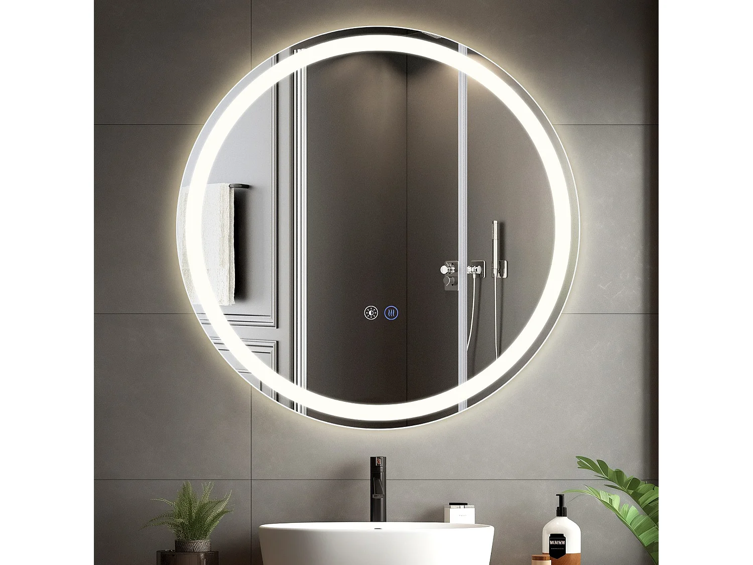 Espejo de baño iluminado NETTLIFE - Redondo 80 cm LED, IP44, interruptor táctil, antivaho, ajustable 3000K-6500K