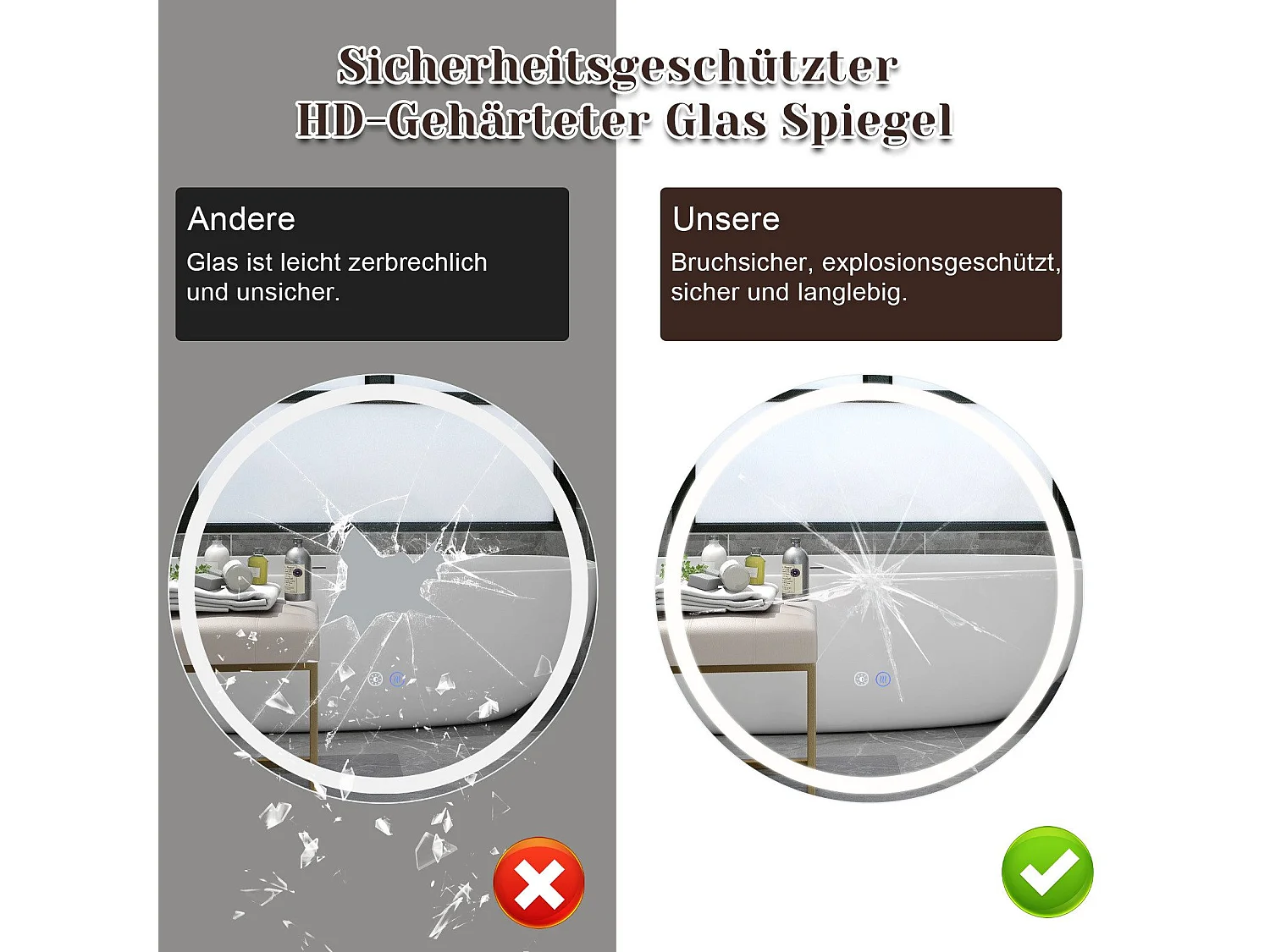 Espejo de baño iluminado NETTLIFE - Redondo 80 cm LED, IP44, interruptor táctil, antivaho, ajustable 3000K-6500K