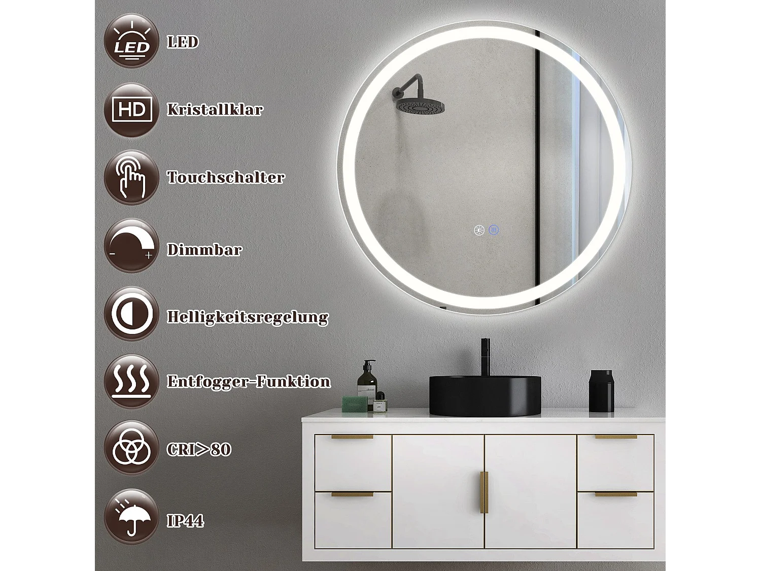 Espejo de baño iluminado NETTLIFE - Redondo 80 cm LED, IP44, interruptor táctil, antivaho, ajustable 3000K-6500K