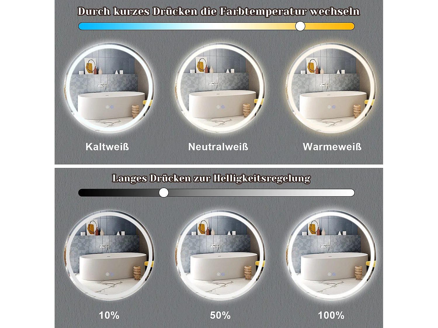 NETTLIFE Miroir lumineux salle de bain - Rond 80 cm LED, IP44, interrupteur tactile, antibuée, réglable 3000K-6500K