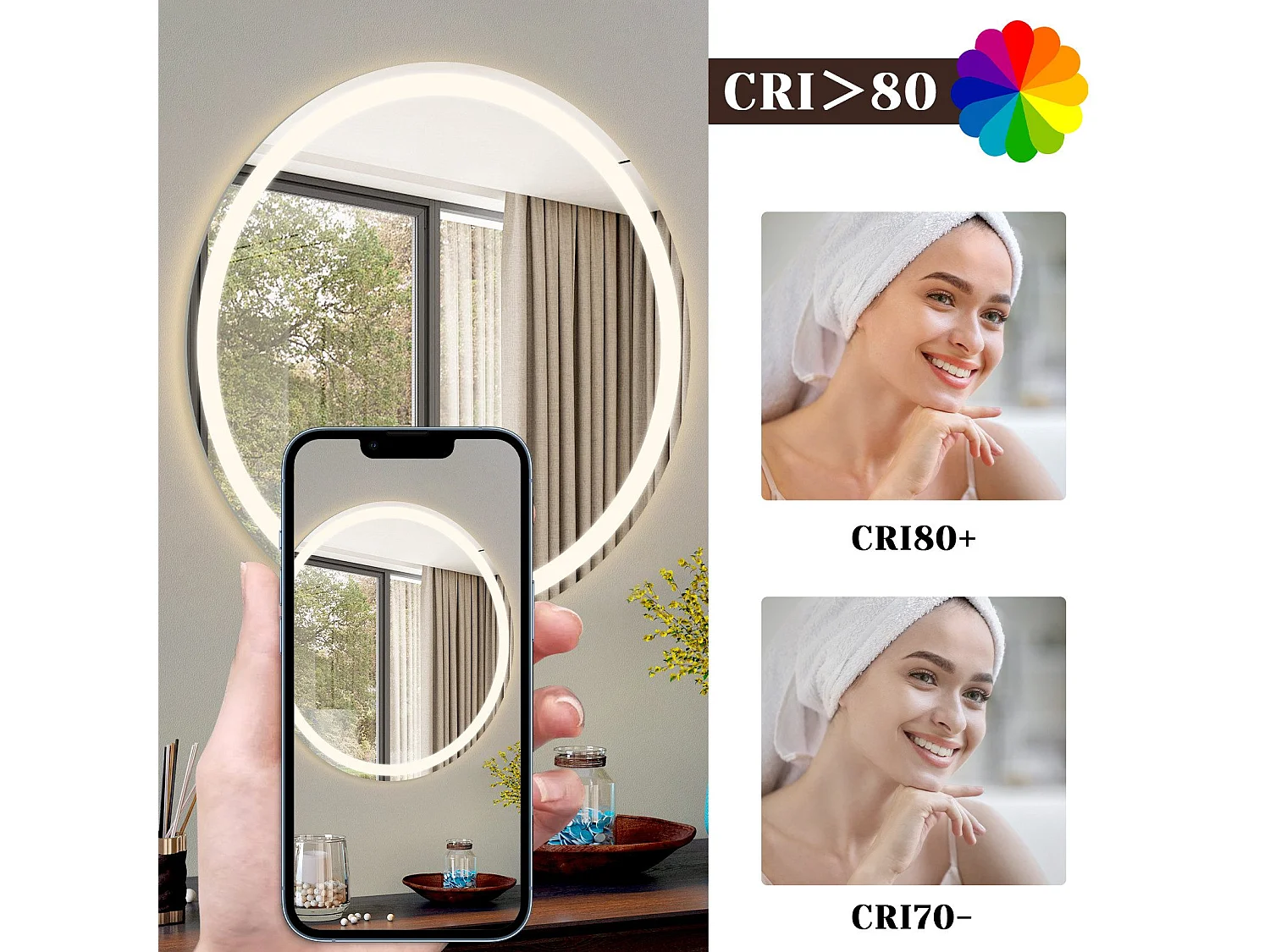 NETTLIFE Miroir lumineux salle de bain - Rond 80 cm LED, IP44, interrupteur tactile, antibuée, réglable 3000K-6500K