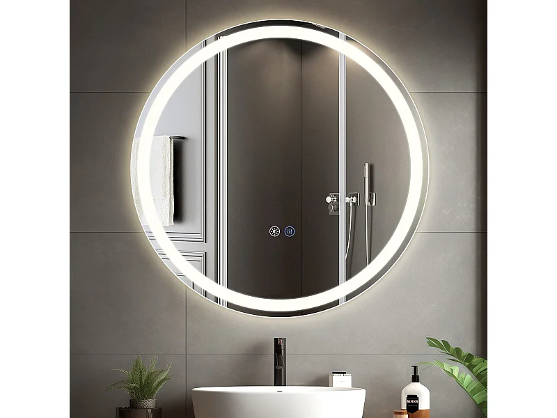 Espejo de baño iluminado NETTLIFE - Redondo 80 cm LED, IP44, interruptor táctil, antivaho, ajustable 3000K-6500K