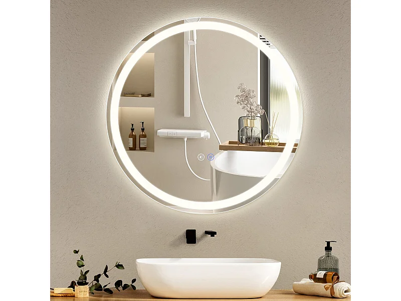 NETTLIFE Miroir lumineux salle de bain - Rund 50 cm LED, Wandgemälde, taktile Unterbrechung, antibuée, IP44, einstellbar 3000K-6500K