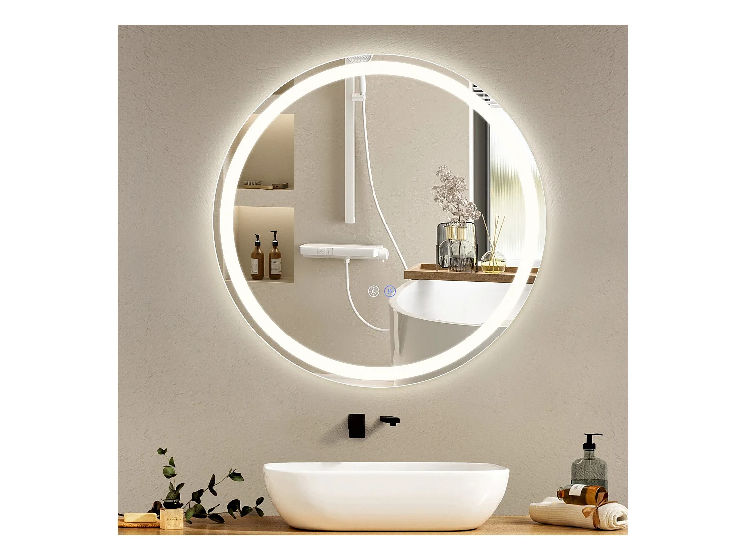 NETTLIFE Miroir lumineux salle de bain - Rund 50 cm LED, Wandgemälde, taktile Unterbrechung, antibuée, IP44, einstellbar 3000K-6500K