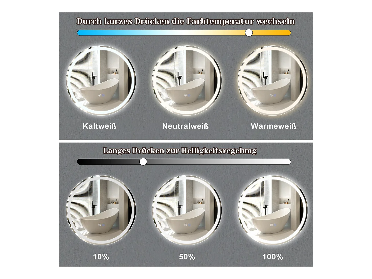 NETTLIFE Miroir lumineux salle de bain - Rund 50 cm LED, Wandgemälde, taktile Unterbrechung, antibuée, IP44, einstellbar 3000K-6500K