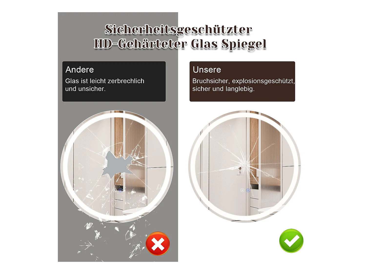 NETTLIFE Miroir lumineux salle de bain - Rund 50 cm LED, Wandgemälde, taktile Unterbrechung, antibuée, IP44, einstellbar 3000K-6500K