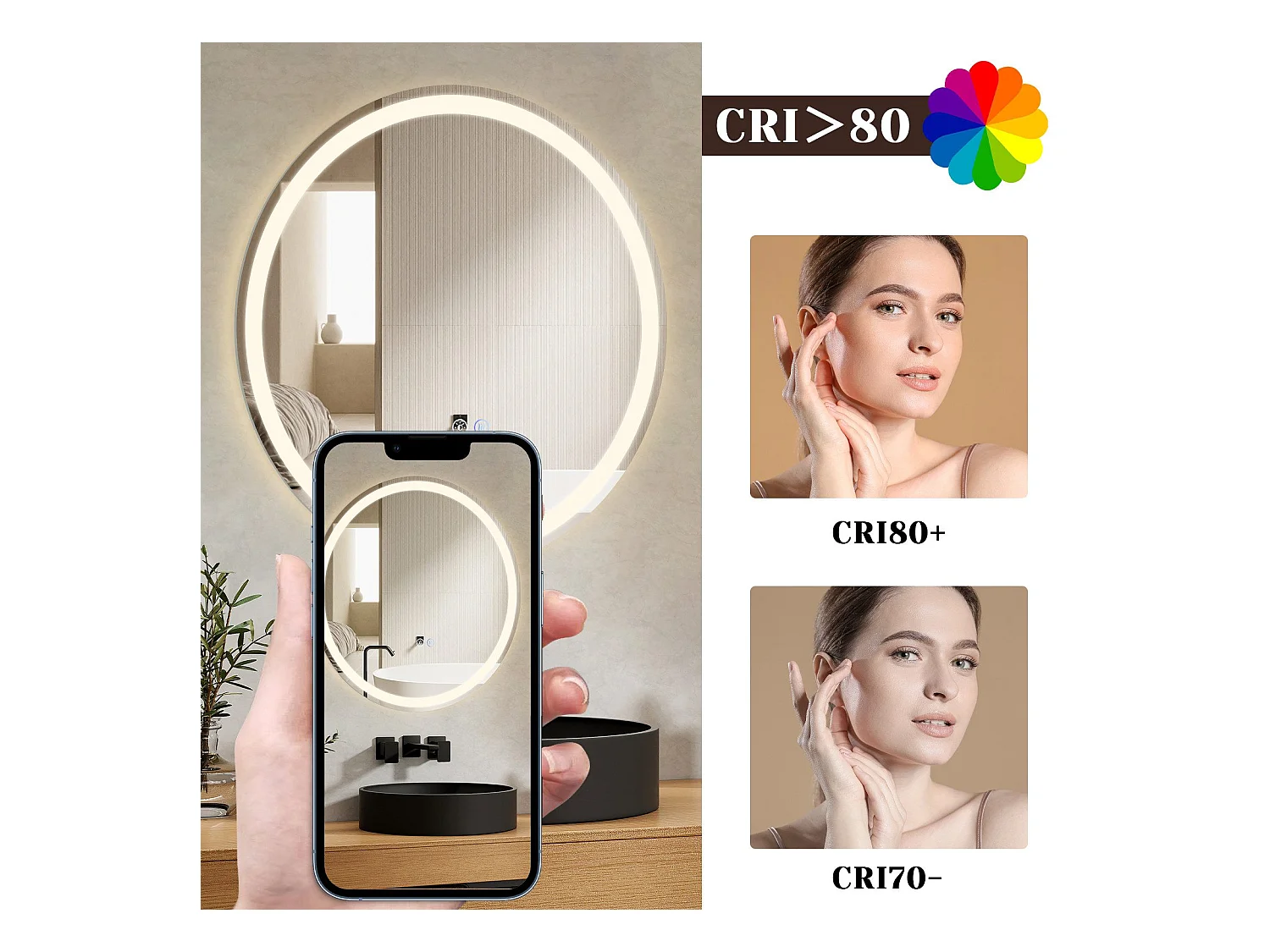 NETTLIFE Miroir lumineux salle de bain - Rund 50 cm LED, Wandgemälde, taktile Unterbrechung, antibuée, IP44, einstellbar 3000K-6500K