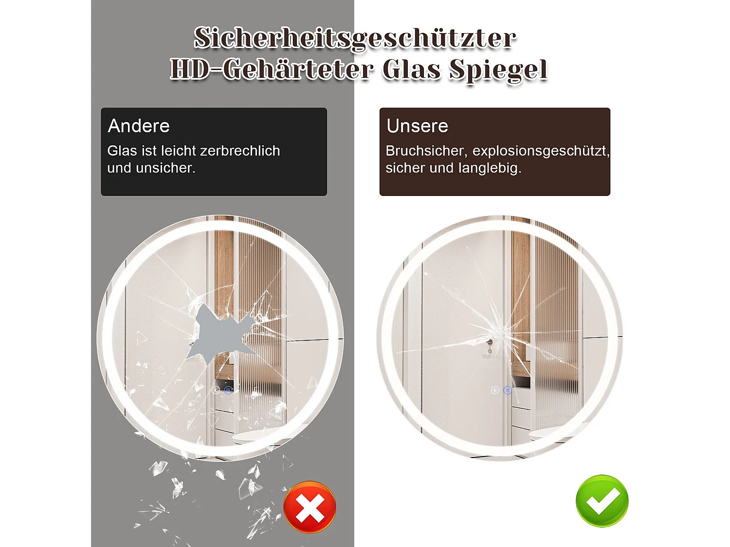 NETTLIFE Miroir lumineux salle de bain - Rond 50 cm LED, muurschildering, tactiele onderbreker, antibuée, IP44, regelbaar 3000K-6500K