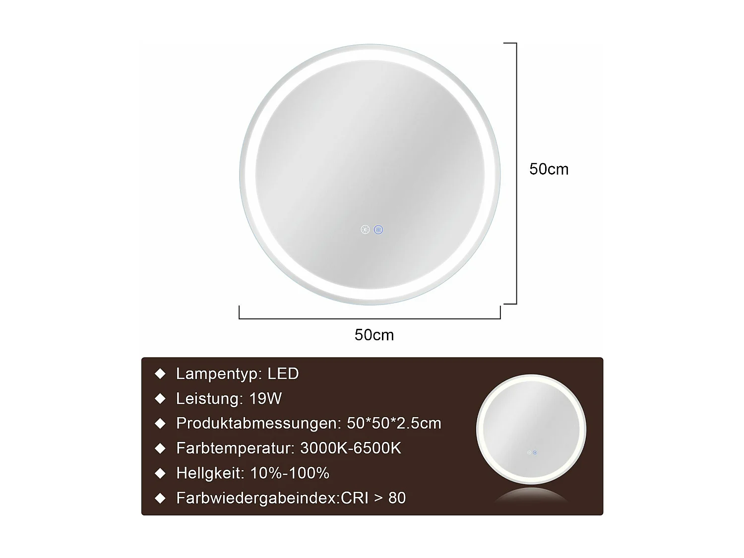 NETTLIFE Miroir lumineux salle de bain - Rond 50 cm LED, muurschildering, tactiele onderbreker, antibuée, IP44, regelbaar 3000K-6500K