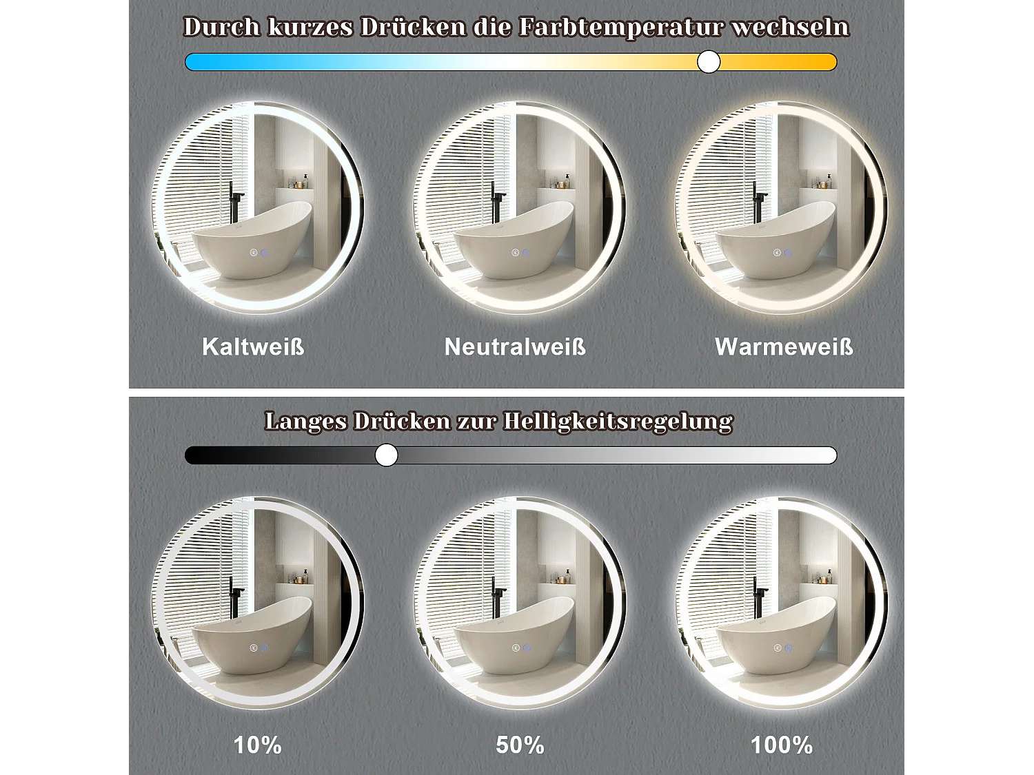 NETTLIFE Miroir lumineux salle de bain - Rond 50 cm LED, mural, interrupteur tactile, antibuée, IP44, réglable 3000K-6500K