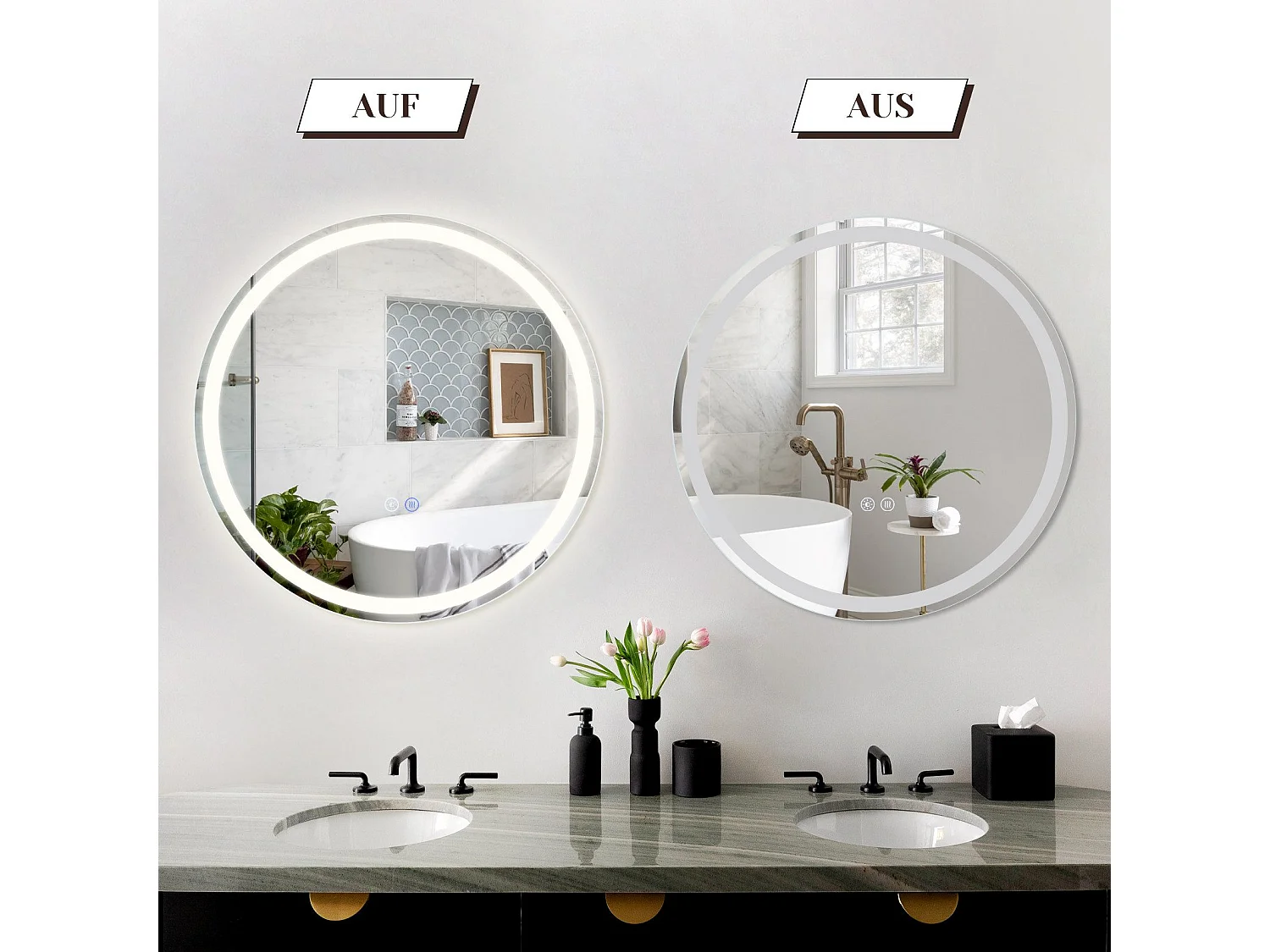 NETTLIFE Miroir lumineux salle de bain - Rond 50 cm LED, mural, interrupteur tactile, antibuée, IP44, réglable 3000K-6500K