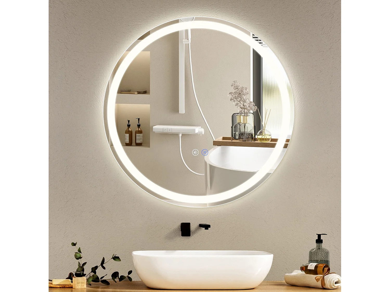 NETTLIFE Lustro łazienkowe podświetlane okrągłe 50 cm LED montowane na ścianie przełącznik dotykowy przeciwmgielne IP44, regulowane 3000K-6500K