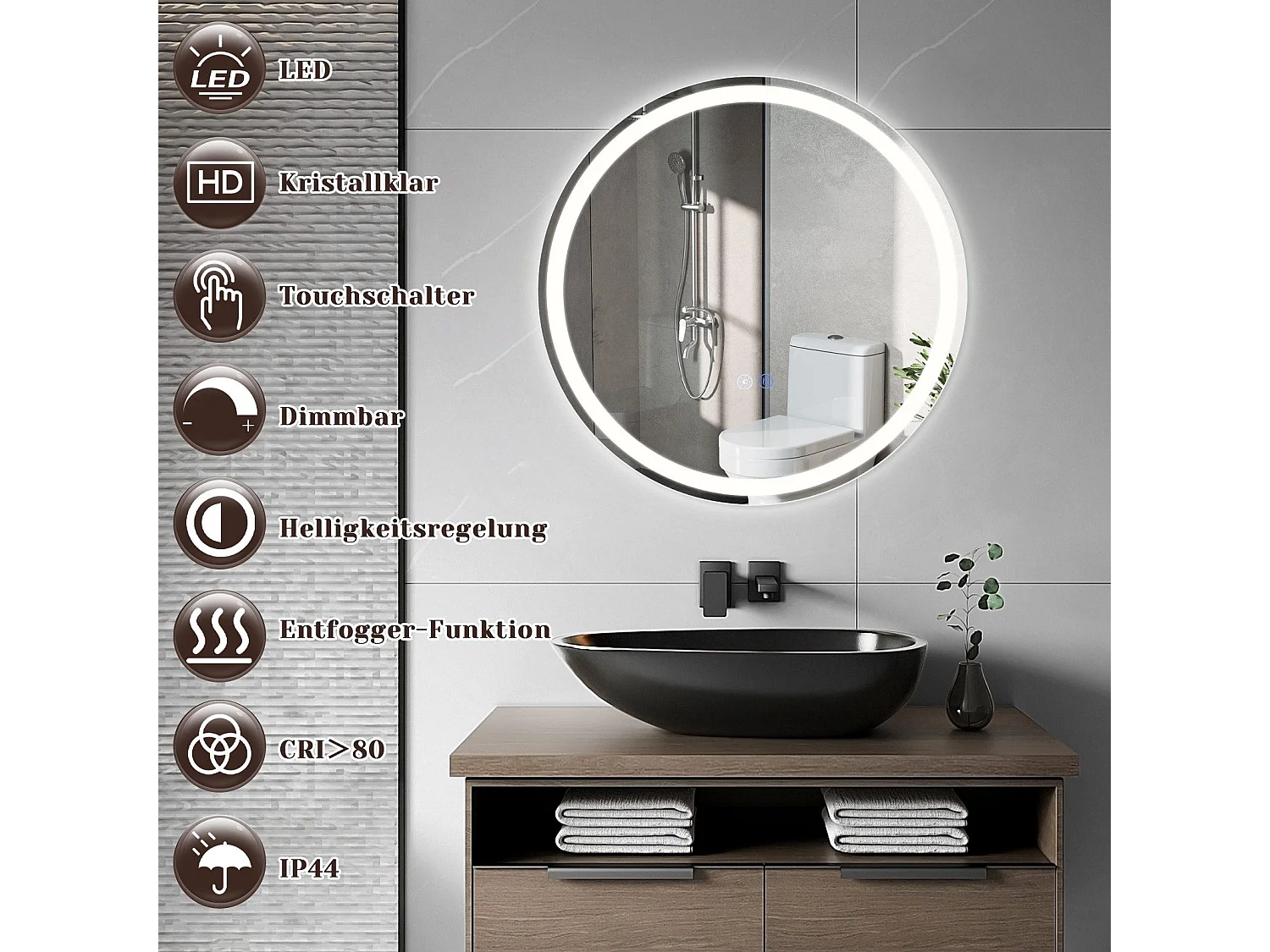 NETTLIFE Lustro łazienkowe podświetlane okrągłe 50 cm LED montowane na ścianie przełącznik dotykowy przeciwmgielne IP44, regulowane 3000K-6500K