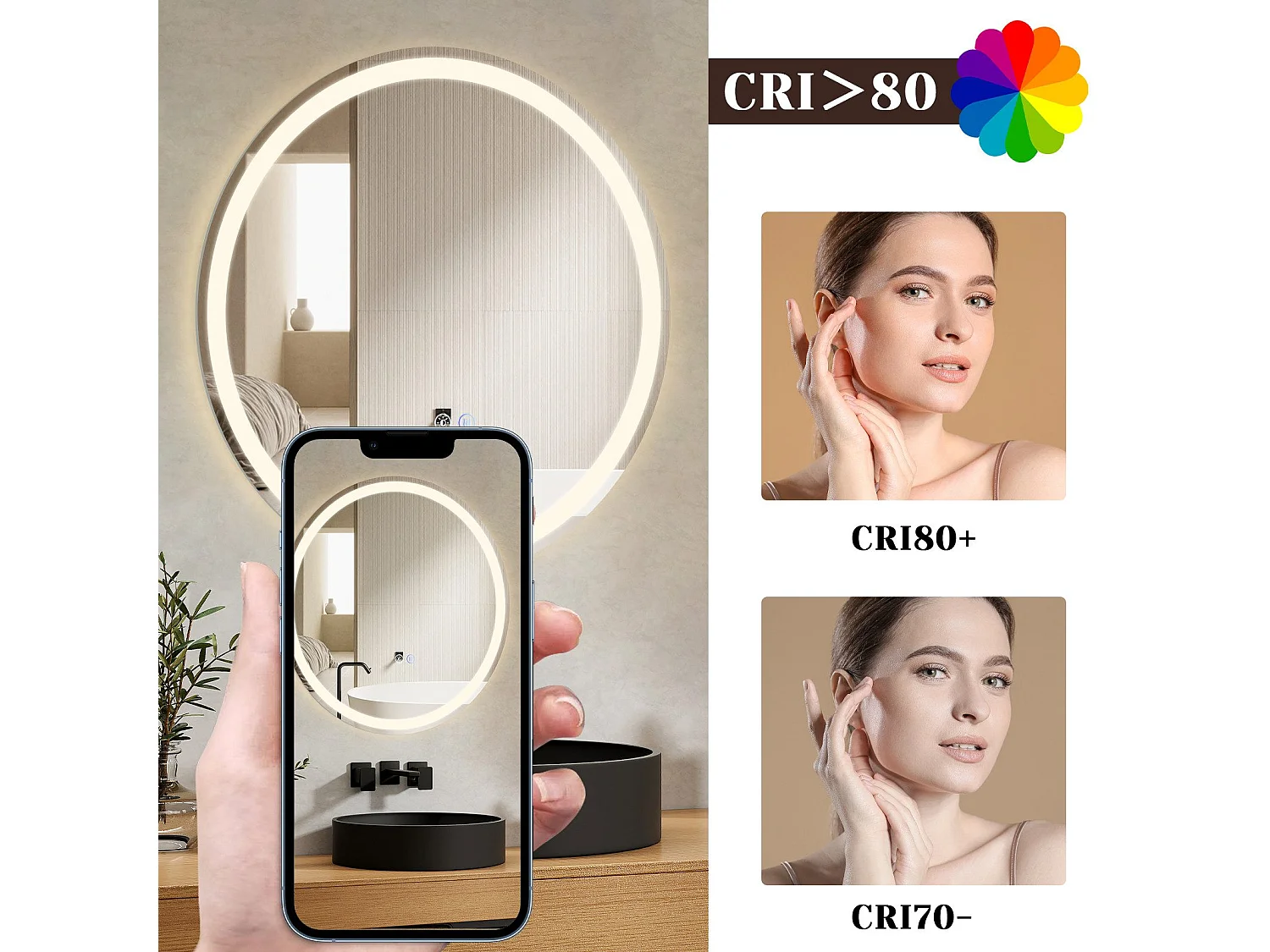 NETTLIFE Lustro łazienkowe podświetlane okrągłe 50 cm LED montowane na ścianie przełącznik dotykowy przeciwmgielne IP44, regulowane 3000K-6500K