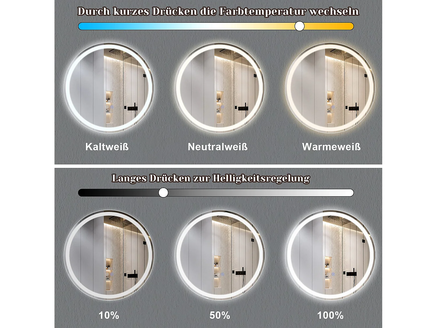 NETTLIFE Miroir lumineux salle de bain - Rond 60 cm LED, mural, interrupteur tactile, antibuée, IP44, réglable 3000K-6500K