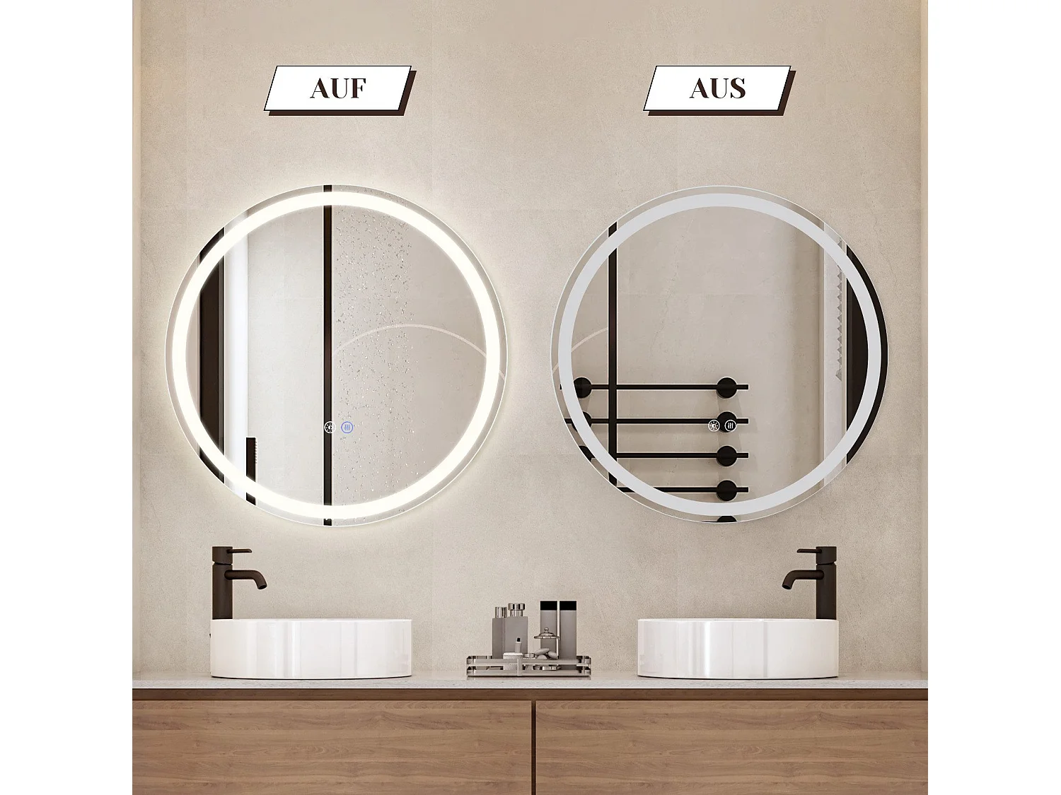 NETTLIFE Miroir lumineux salle de bain - Rond 60 cm LED, mural, interrupteur tactile, antibuée, IP44, réglable 3000K-6500K