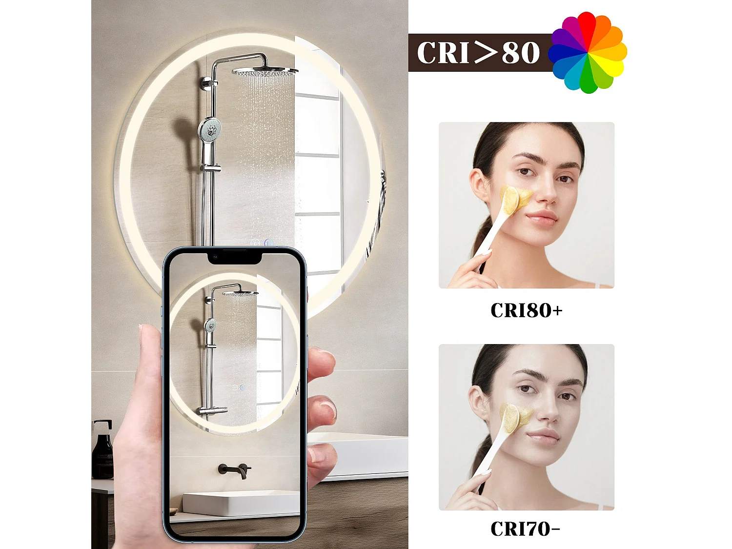 NETTLIFE Miroir lumineux salle de bain - Rond 60 cm LED, mural, interrupteur tactile, antibuée, IP44, réglable 3000K-6500K