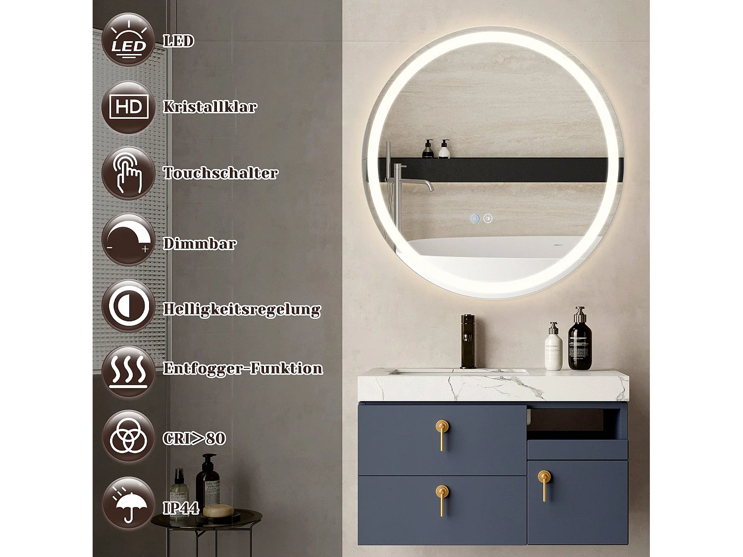 NETTLIFE Miroir lumineux salle de bain - Rond 60 cm LED, mural, interrupteur tactile, antibuée, IP44, réglable 3000K-6500K
