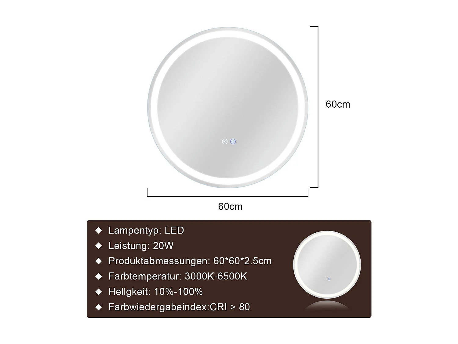 NETTLIFE Miroir lumineux salle de bain - Rond 60 cm LED, mural, interrupteur tactile, antibuée, IP44, réglable 3000K-6500K