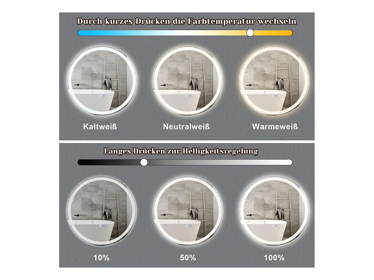 NETTLIFE Miroir lumineux salle de bain - Rund 70 cm LED, Wandgemälde, taktile Unterbrechung, antibuée, IP44, einstellbar 3000K-6500K