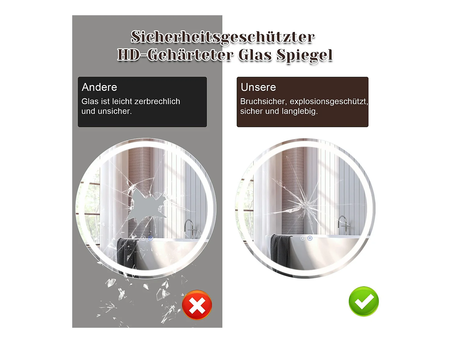 NETTLIFE Miroir lumineux salle de bain - Rund 70 cm LED, Wandgemälde, taktile Unterbrechung, antibuée, IP44, einstellbar 3000K-6500K