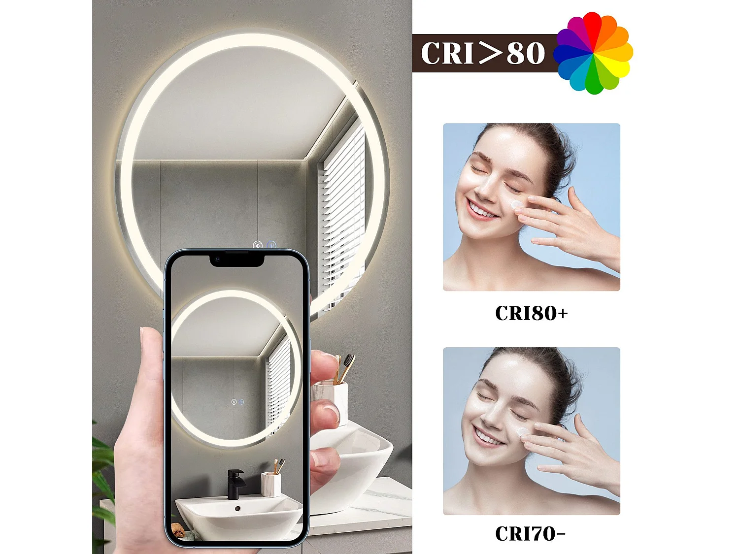 NETTLIFE Miroir lumineux salle de bain - Rund 70 cm LED, Wandgemälde, taktile Unterbrechung, antibuée, IP44, einstellbar 3000K-6500K