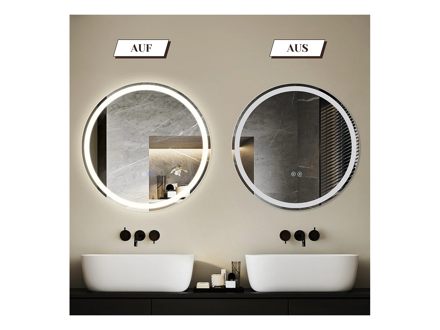 NETTLIFE Miroir lumineux salle de bain - Rund 70 cm LED, Wandgemälde, taktile Unterbrechung, antibuée, IP44, einstellbar 3000K-6500K