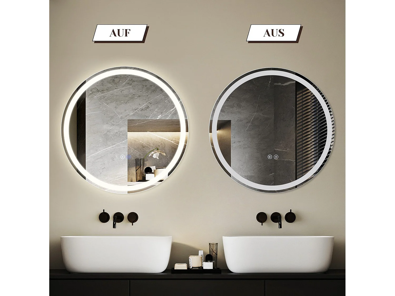 NETTLIFE Espejo de baño con luz LED - Redondo 70 cm LED, mural, interruptor táctil, antineblina, IP44, ajustable 3000K-6500K