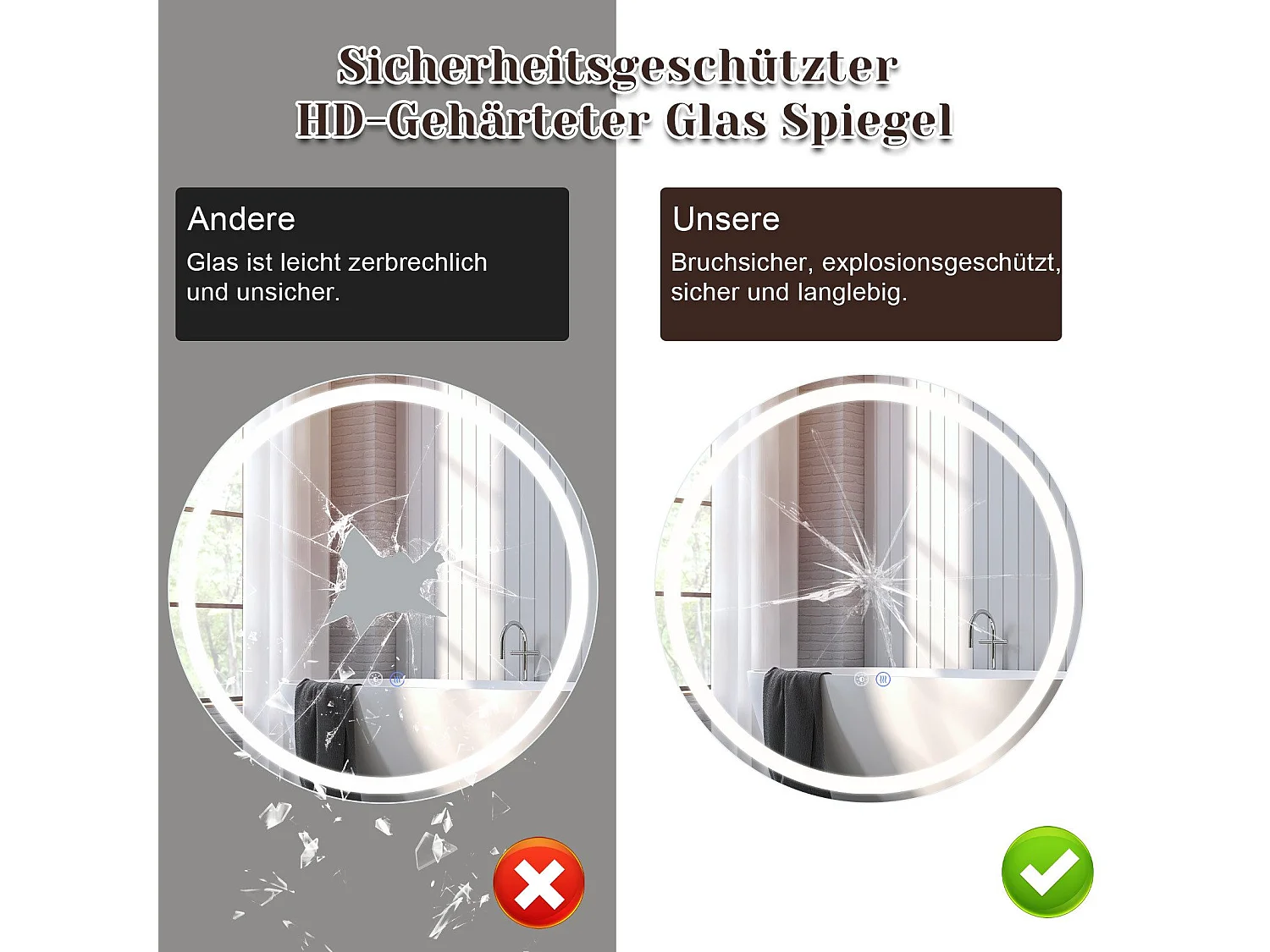 NETTLIFE Espejo de baño con luz LED - Redondo 70 cm LED, mural, interruptor táctil, antineblina, IP44, ajustable 3000K-6500K