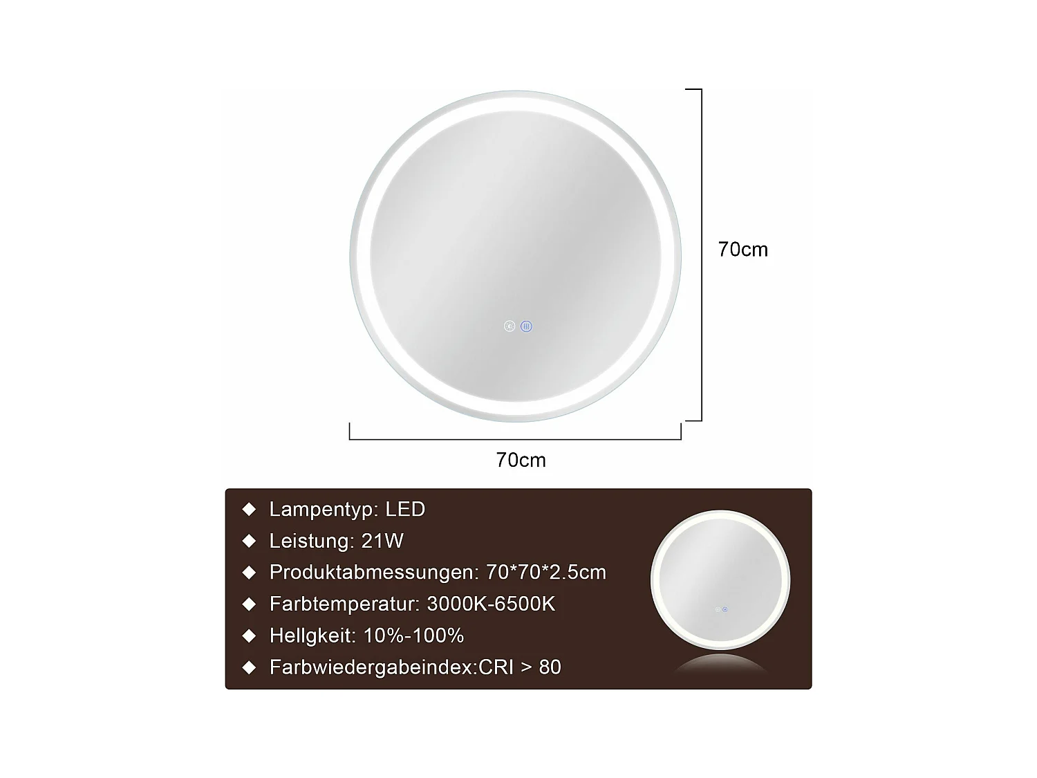 NETTLIFE Espejo de baño con luz LED - Redondo 70 cm LED, mural, interruptor táctil, antineblina, IP44, ajustable 3000K-6500K