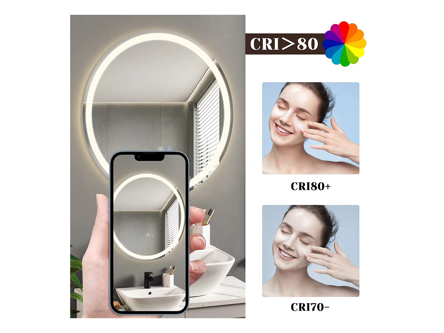 NETTLIFE Espejo de baño con luz LED - Redondo 70 cm LED, mural, interruptor táctil, antineblina, IP44, ajustable 3000K-6500K