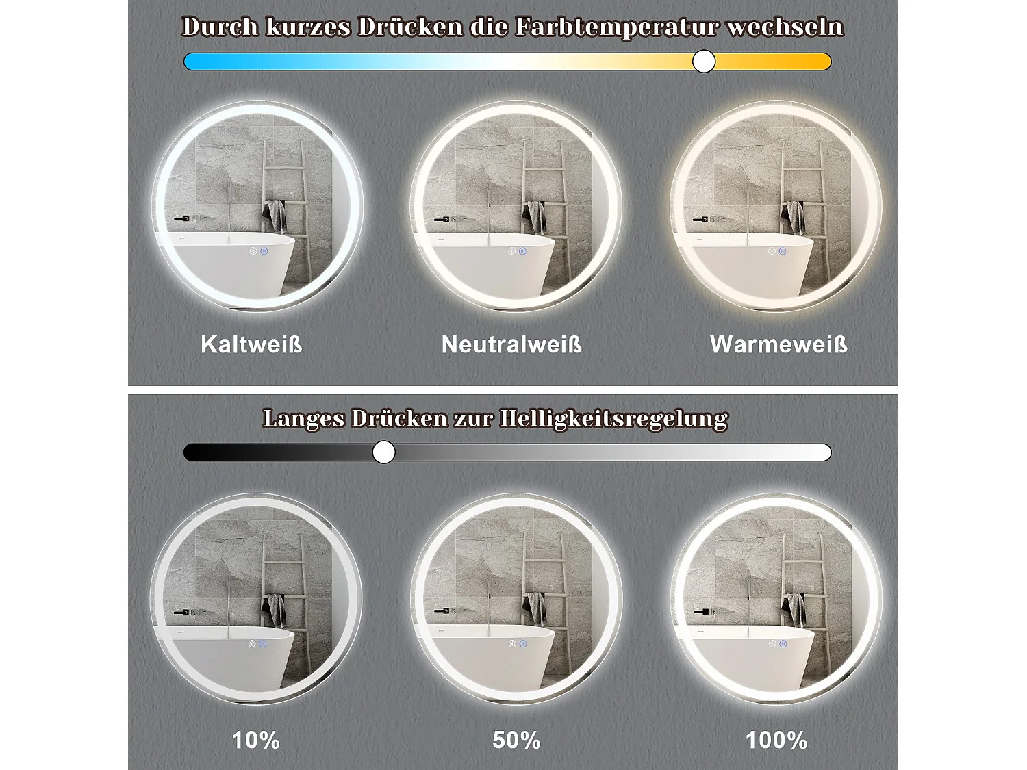 NETTLIFE Miroir lumineux salle de bain - Rond 70 cm LED, muurschildering, tactiele onderbreker, antibuée, IP44, regelbaar 3000K-6500K