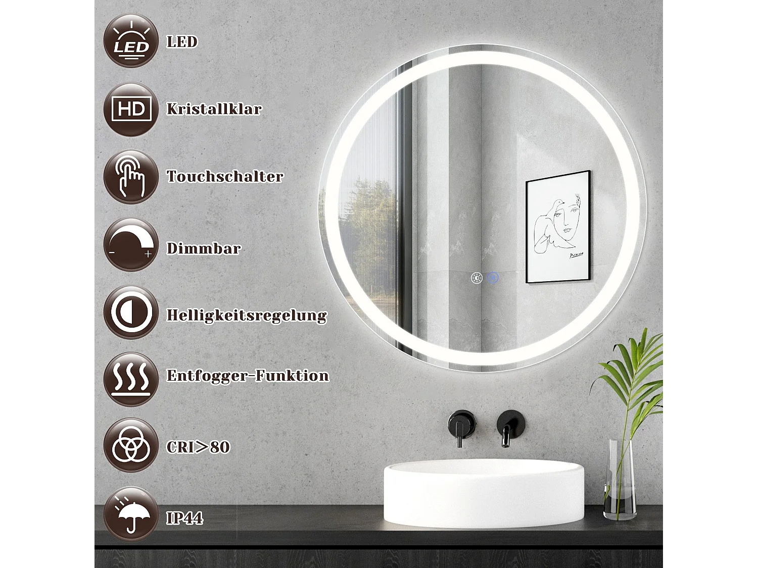 NETTLIFE Miroir lumineux salle de bain - Rond 70 cm LED, muurschildering, tactiele onderbreker, antibuée, IP44, regelbaar 3000K-6500K