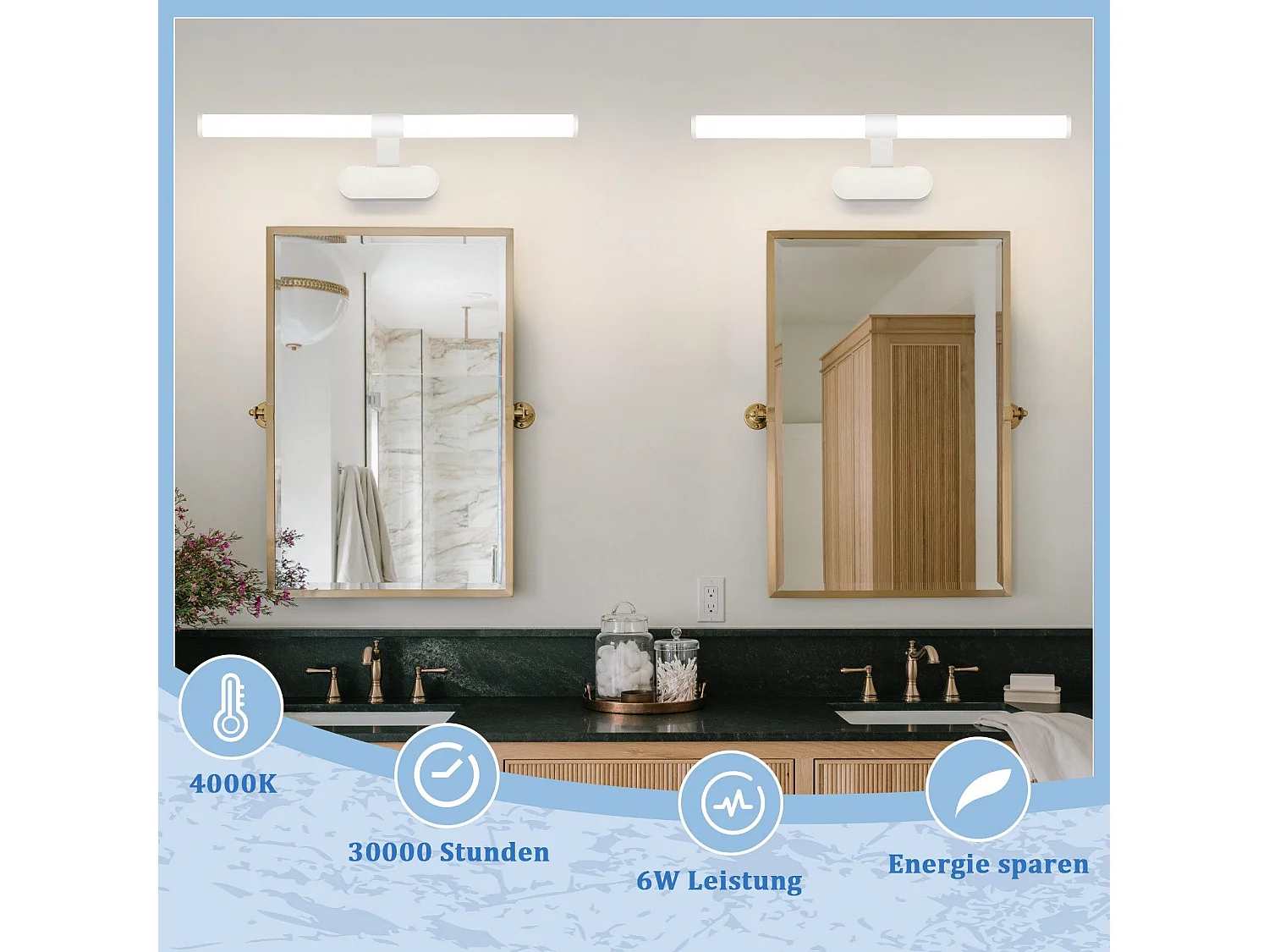 NETTLIFE Applique LED salle de bain，LED lampe à miroir 4000K blanc neutre , IP44,8W ,60CM   - blanc lampe murale moderne étanche  lampe murale