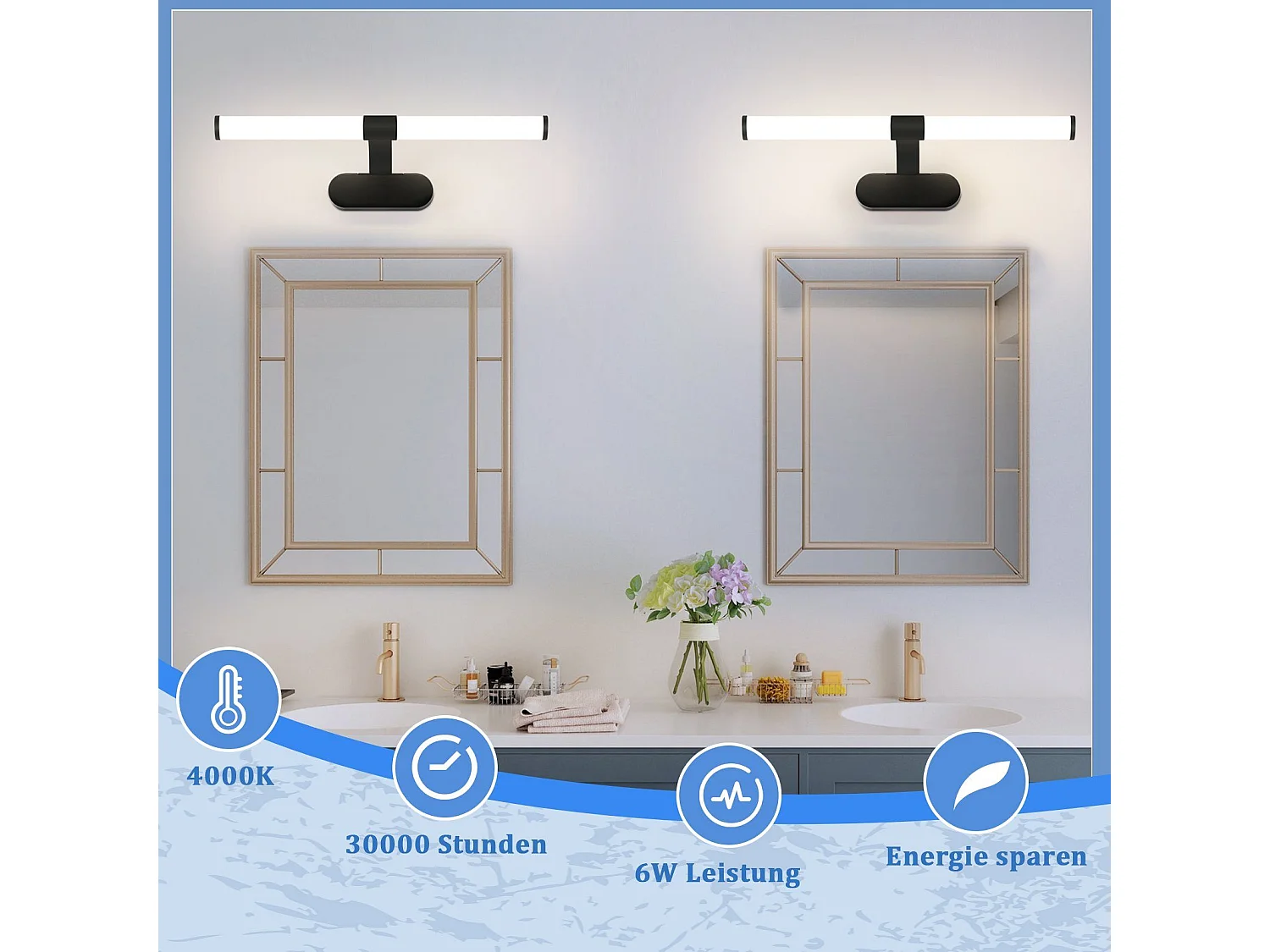 NETTLIFE Applique LED salle de bain ，lampe miroir LED, lumière blanche neutre 4000 Kelvin, 6W, étanche IP44, largeur 400mm,noire