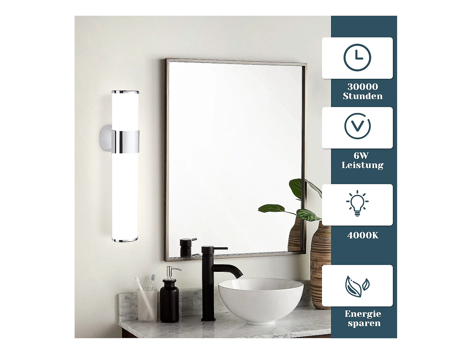 NETTLIFE LED-Badezimmer-Wandleuchtemodern, Chrom, 6 W, 30 cm, wasserdicht, IP44, neutralweiß 4000 K