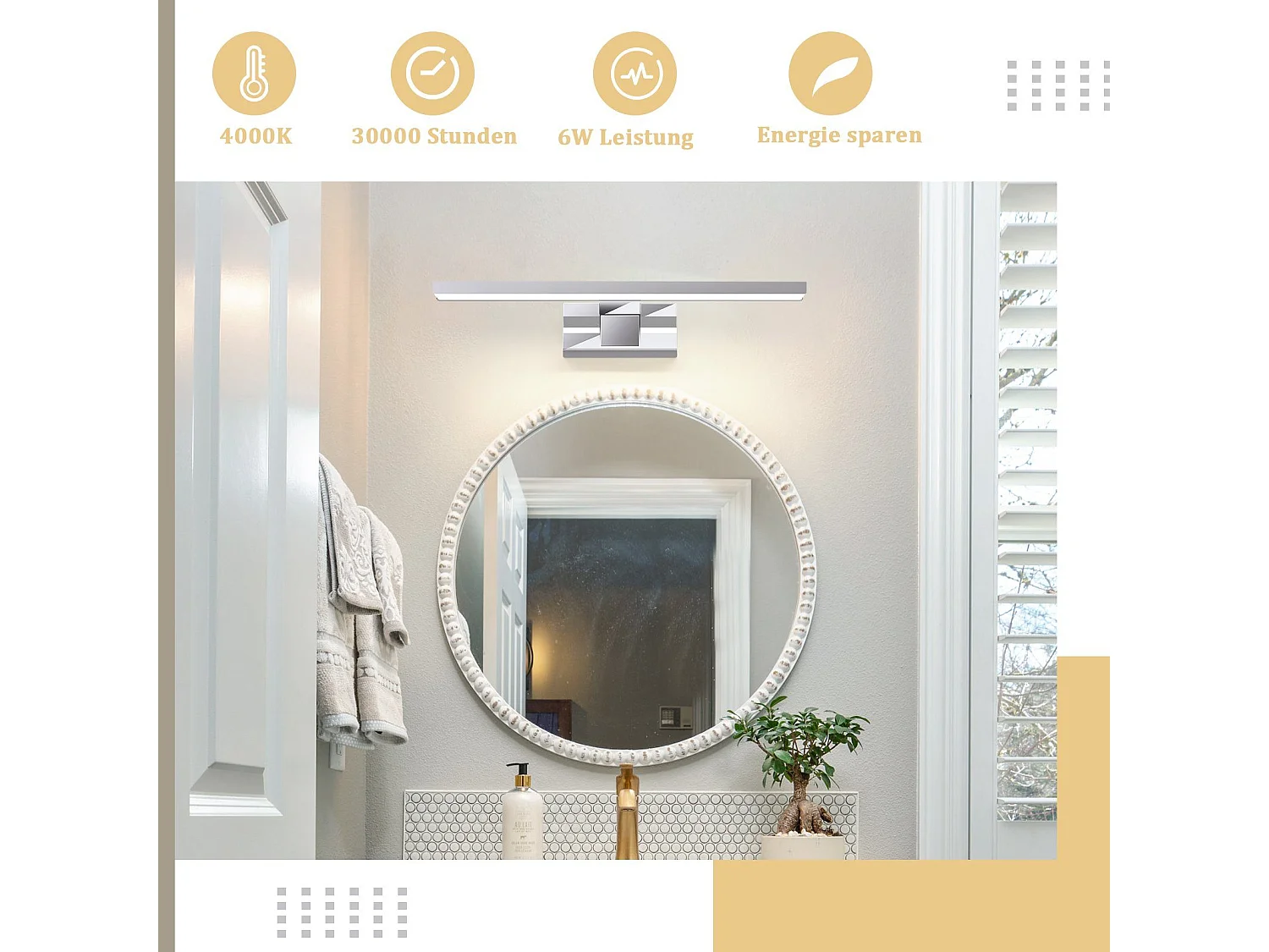 NETTLIFE Applique miroir LED 6W 30CM Etanche IP44 Chrome Moderne Blanc Neutre 4000K