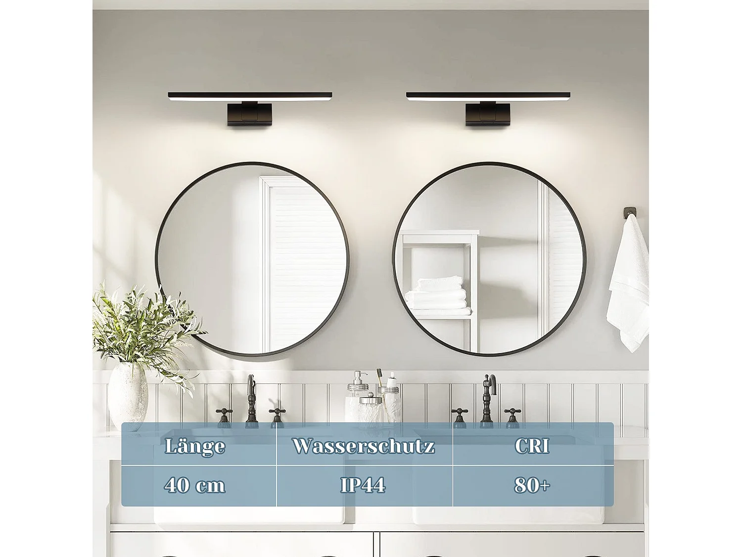 NETTLIFE Applique LED salle de bain，lampe miroir LED,IP44 lampe armoire,  Moderne, lumière blanche neutre 4000k MAX.8W, 40×5.1×12.8cm, noire