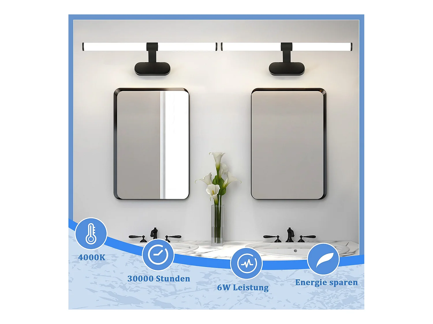 NETTLIFE LED-Badezimmer-Wandleuchte, 2er-Set, modern, Chrom, 6 W, 30 cm, wasserdicht, IP44, neutralweiß 4000 K