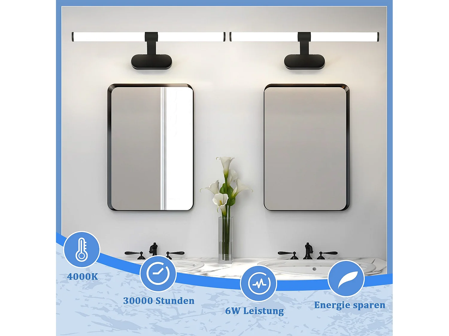 NETTLIFE Applique LED salle de bain， LED lampe à miroir 4000K blanc neutre , IP44,8W ,60CM   - noir lampe murale moderne étanche  lampe murale