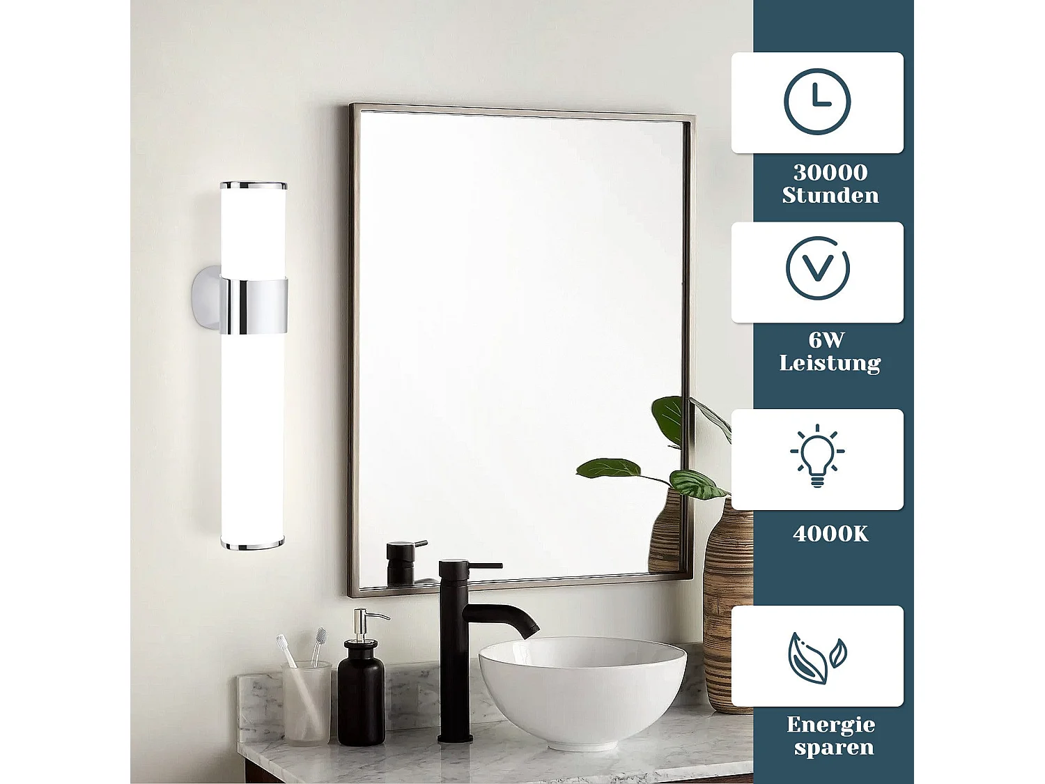 NETTLIFE LED Badkamer Wandlamp, Set van 2 Modern Chroom 6W 30CM Waterdicht IP44 Neutraal Wit 4000K