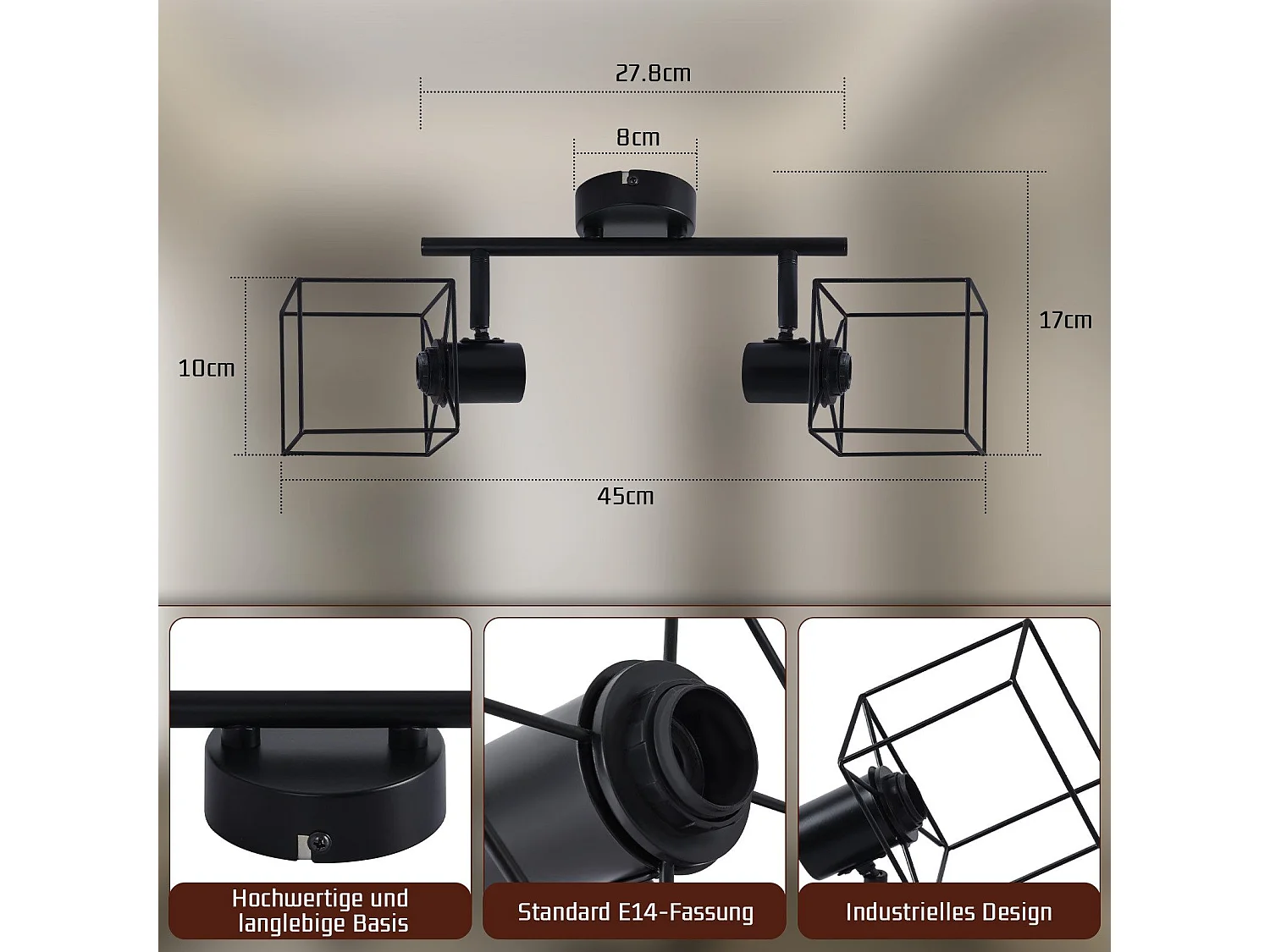 NETTLIFE Spot de plafond noir E14 plafonnier orientable à 350° vintage métal orientable sans ampoule chambre