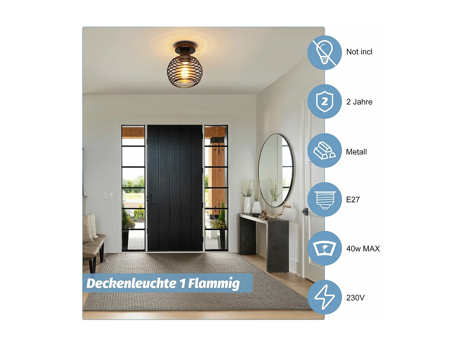 NETTLIFE Vintage Schwarze Deckenleuchte, E27, Metall, für Flur, Treppenhaus, Balkon, Küche, Schlafzimmer